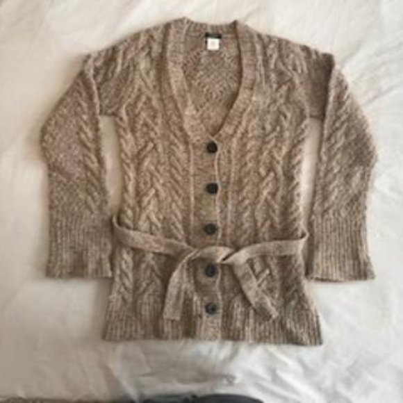 EUC J. Crew Tan Marl Button-up V-neck Cardigan Sweater with Belt Size M - Picture 2 of 3